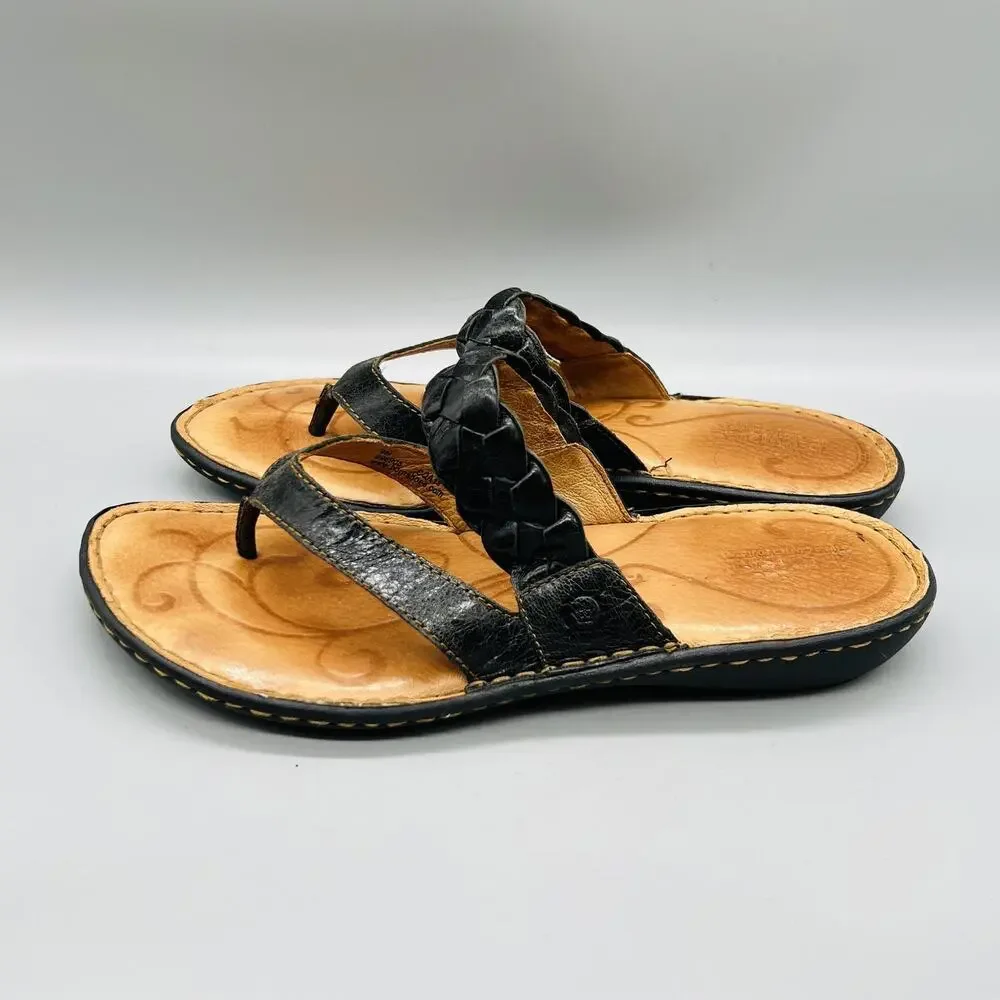 Born Sandals Womens 9 Black Leather Braided Strap Thong Slip On Comfort Shoes
